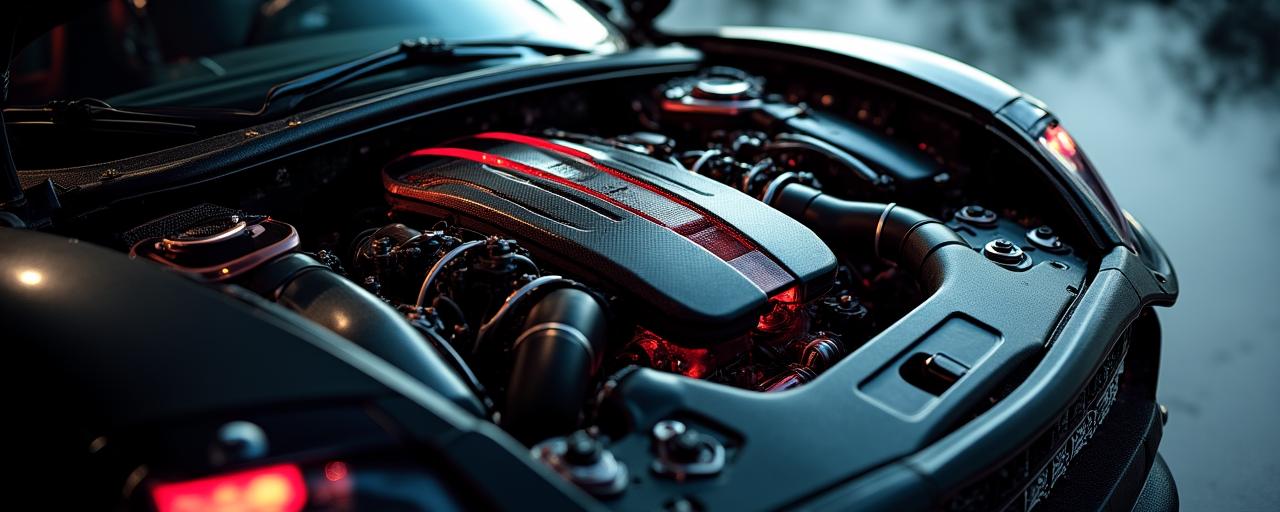 Close-up van een motorcompartiment met performance onderdelen